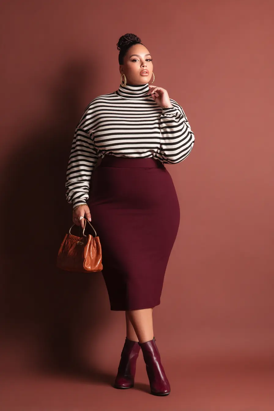 Striped Turtleneck Sweater + Form-Fit Midi Skirt