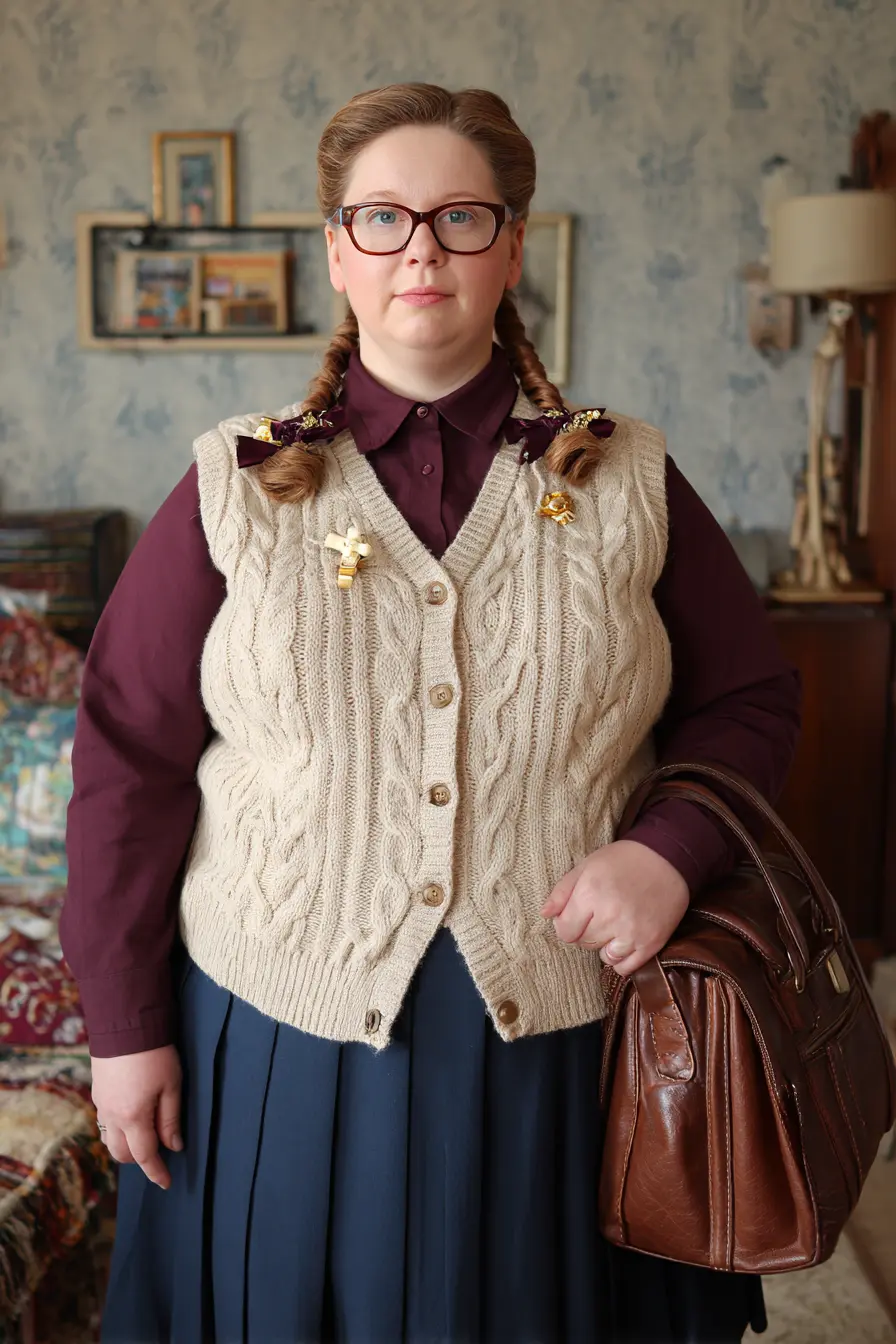 Cream Sweater Vest + Pleated Skirt Preppy
