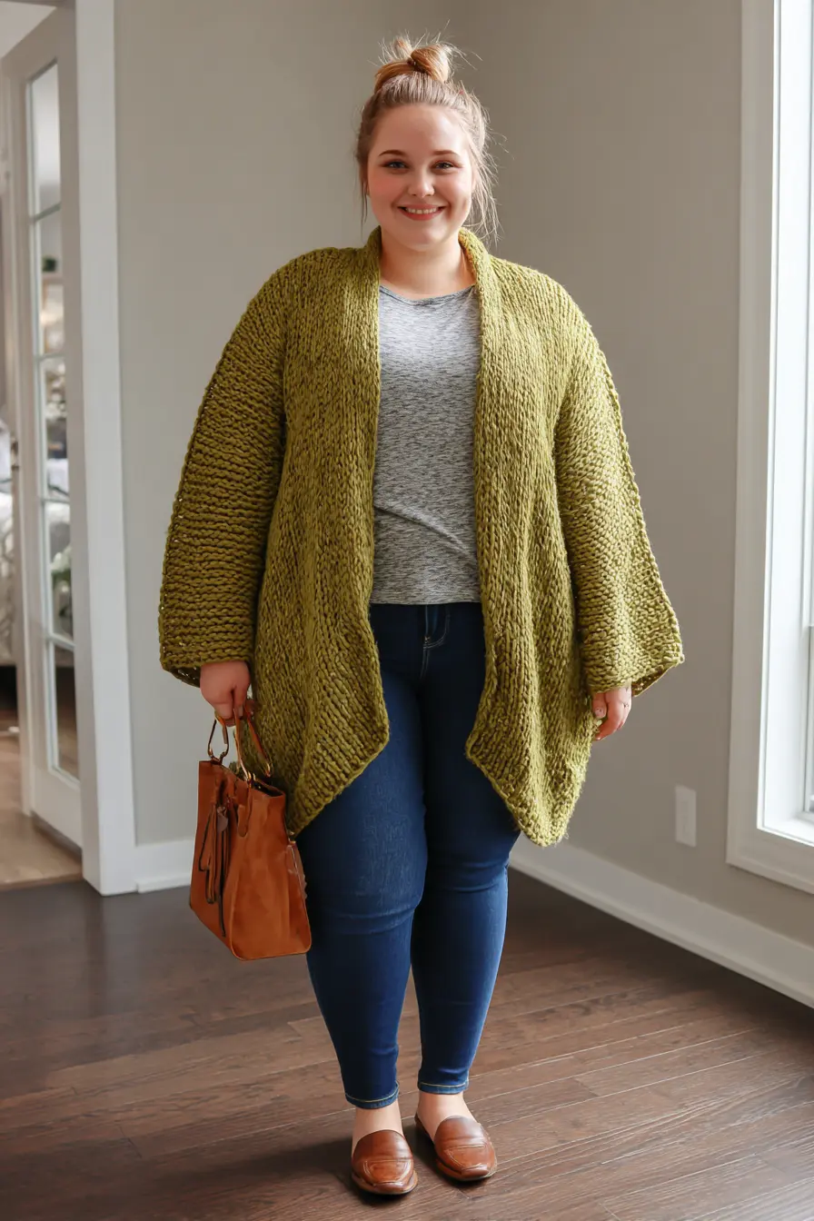 Chunky Open-Front Cardigan + Dark Skinny Denim