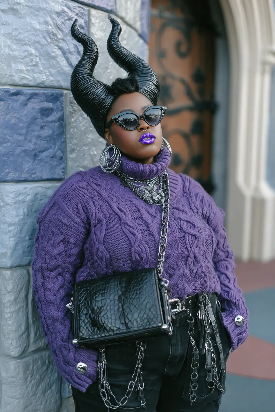 Plum Cable Knit + Chain-Trimmed Black Denim