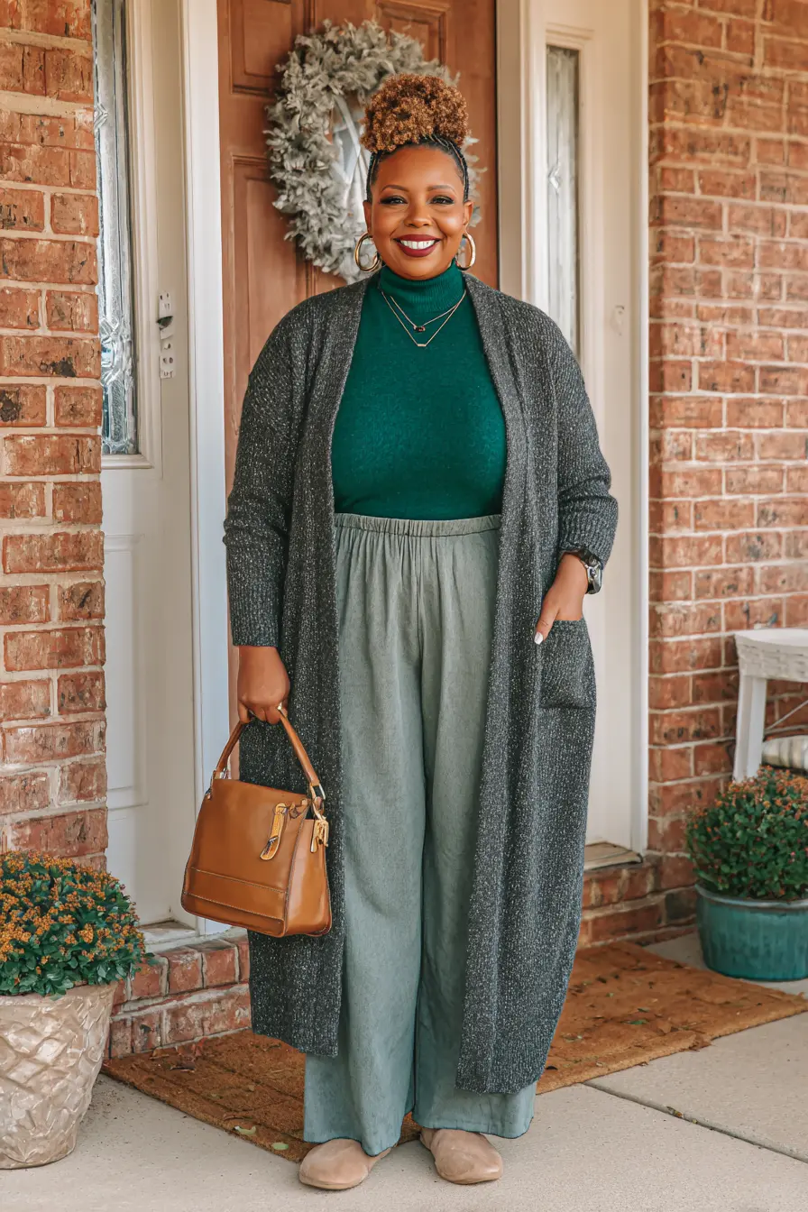 Longline Cardigan + Turtleneck and Wide-Leg Pants