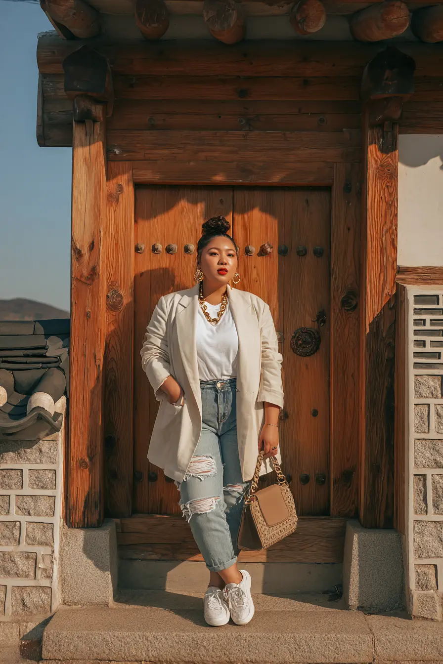 Lightweight Neutral Blazer + Distressed Cropped Denim
