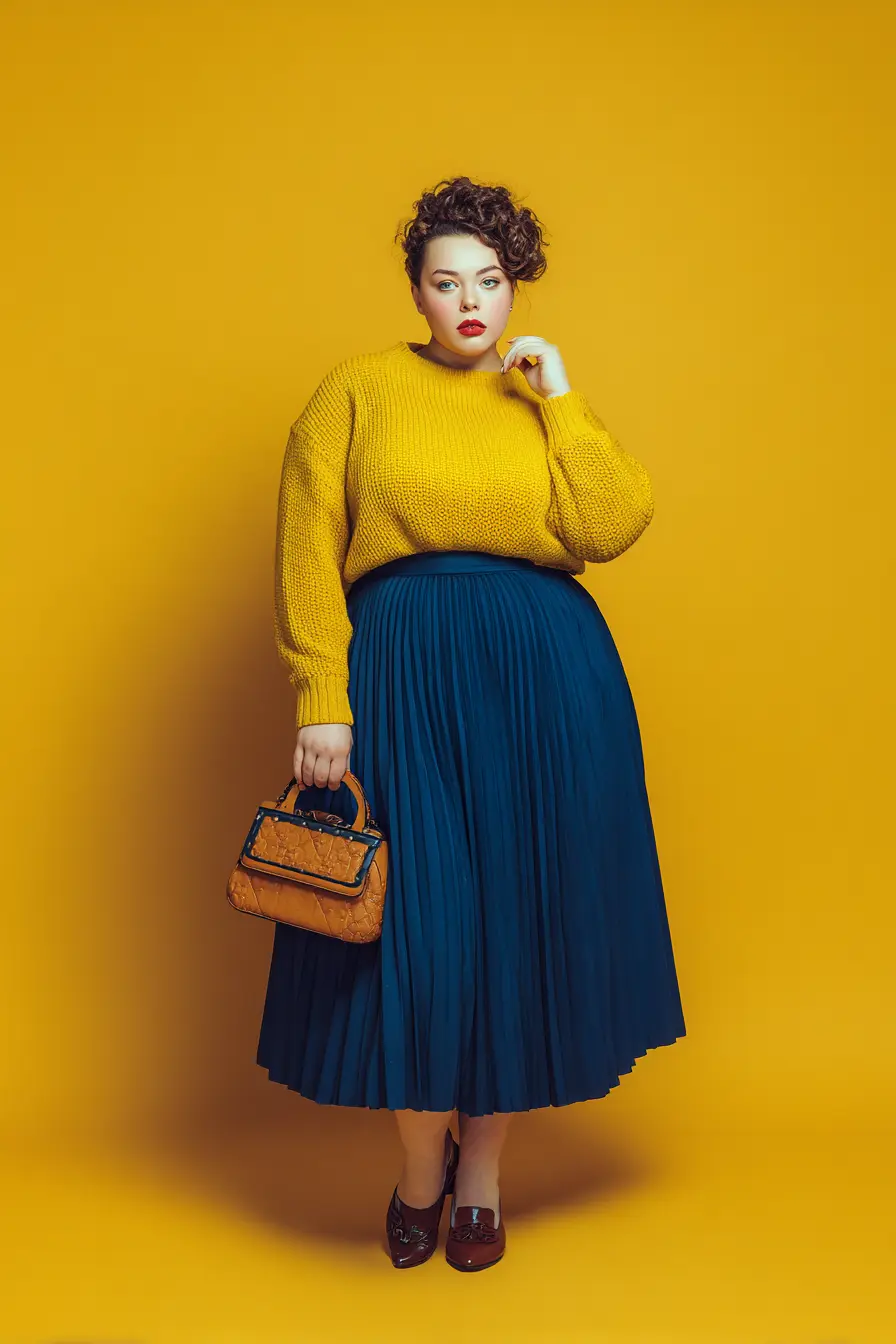 Bold Knit Sweater + Deep Blue Pleated Skirt