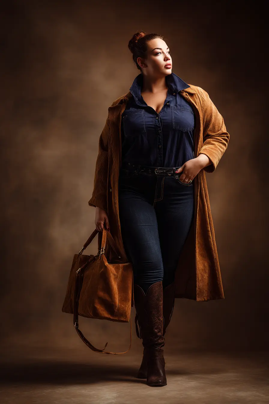 Corduroy Coat + Denim Shirt + Tall Boots