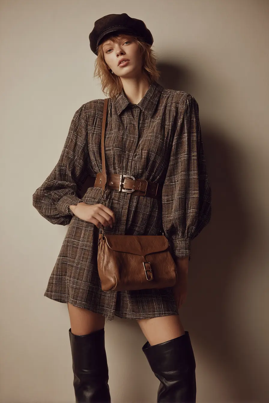 Plaid Shirt Dress + Wide Belt Detail