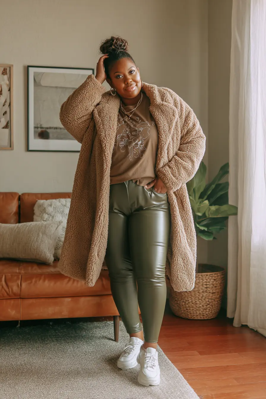 Teddy Coat + Faux Leather Leggings Mix