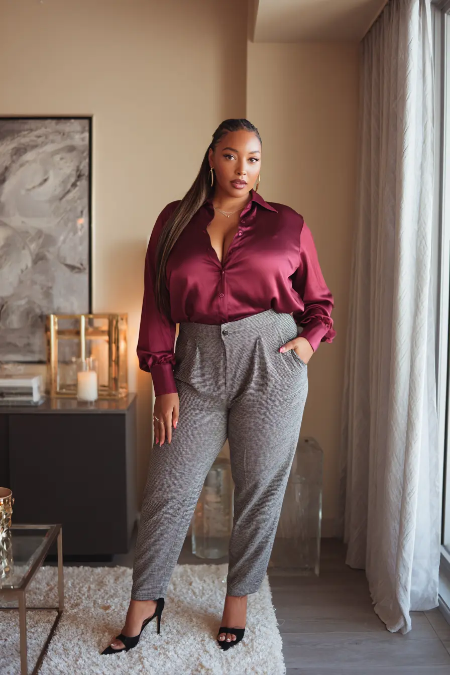 Wine Silk Blouse + Tailored Check Trousers