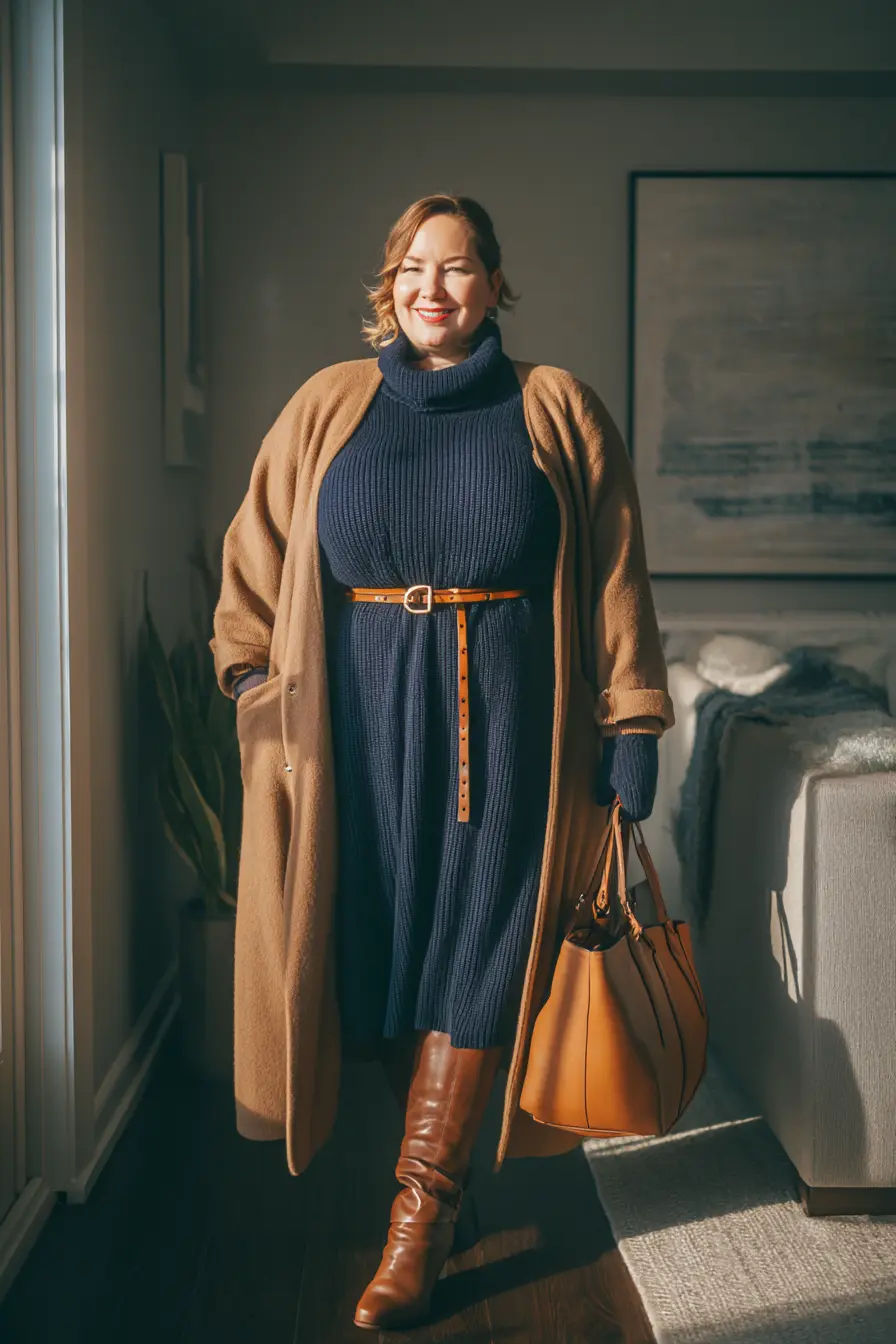 Belted Sweater Dress + Camel Coat