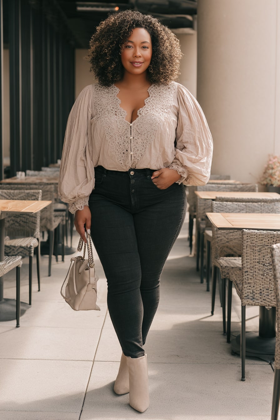 Lace-Trim Peasant Blouse + Dark Skinny Denim