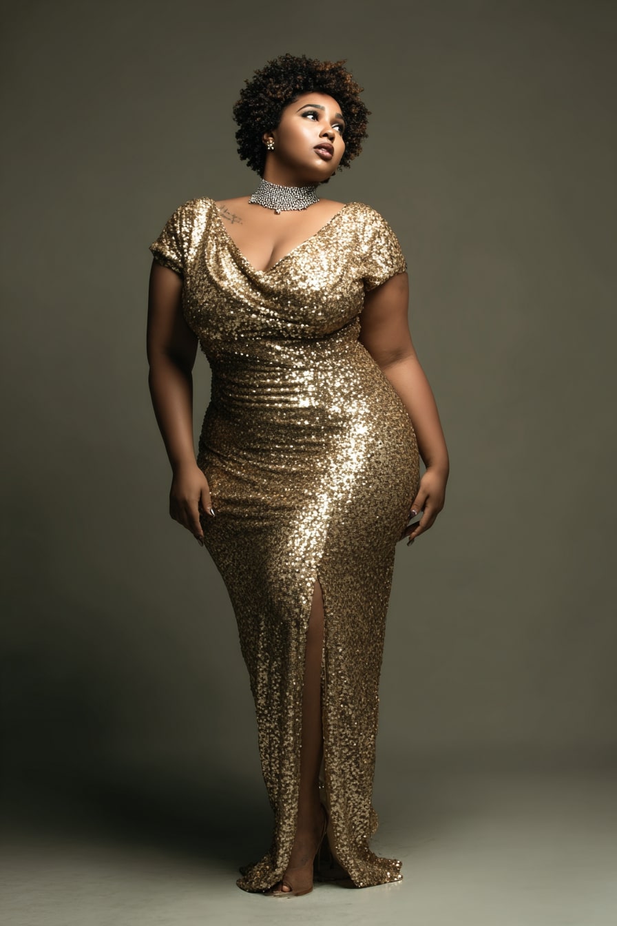 Gold Sequin Maxi Dress + High Slit