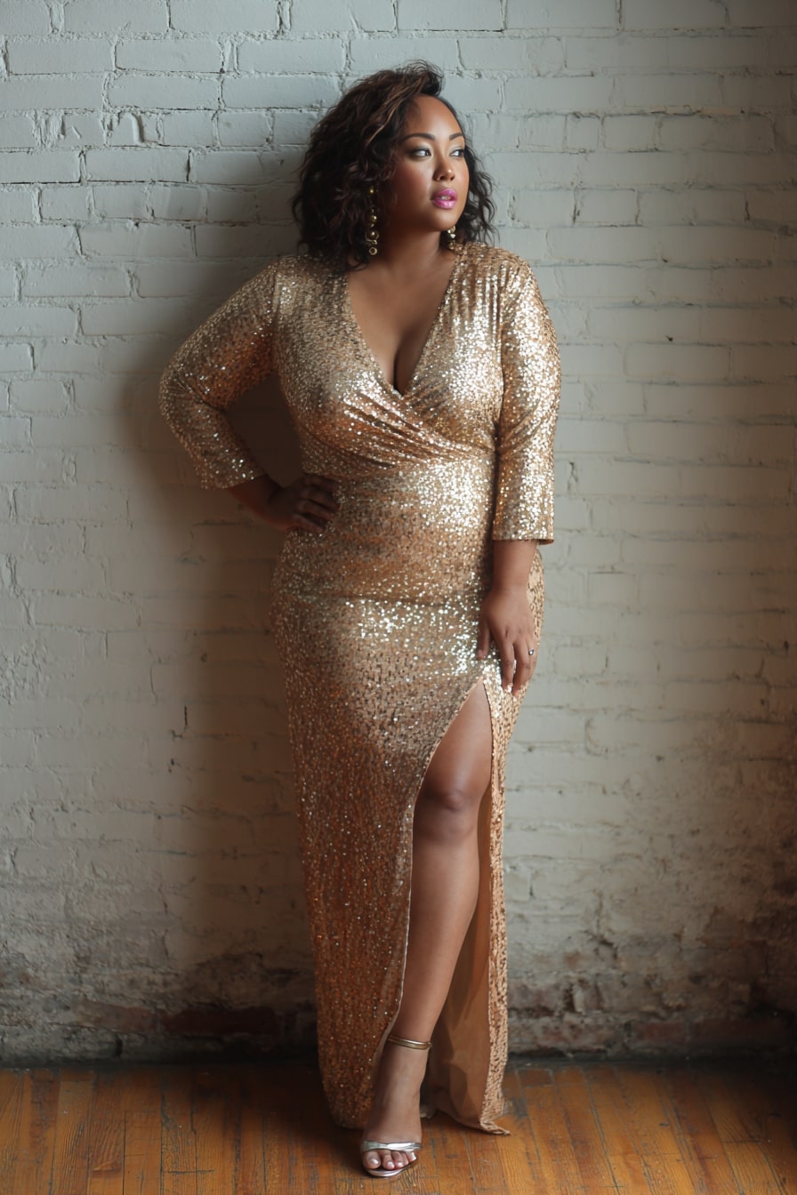 Gold Sequin Wrap Gown + Side Slit