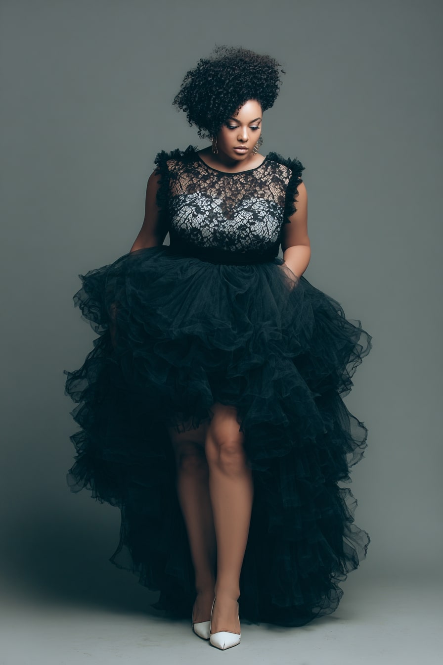Black Lace and Tulle High-Low Dress