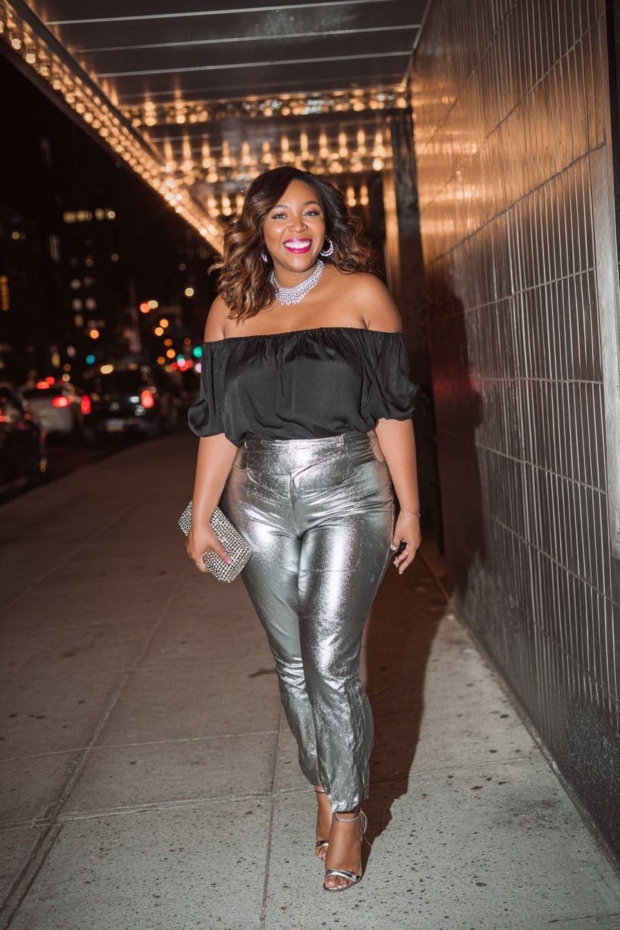 Metallic Silver Pants with Off-Shoulder Chic