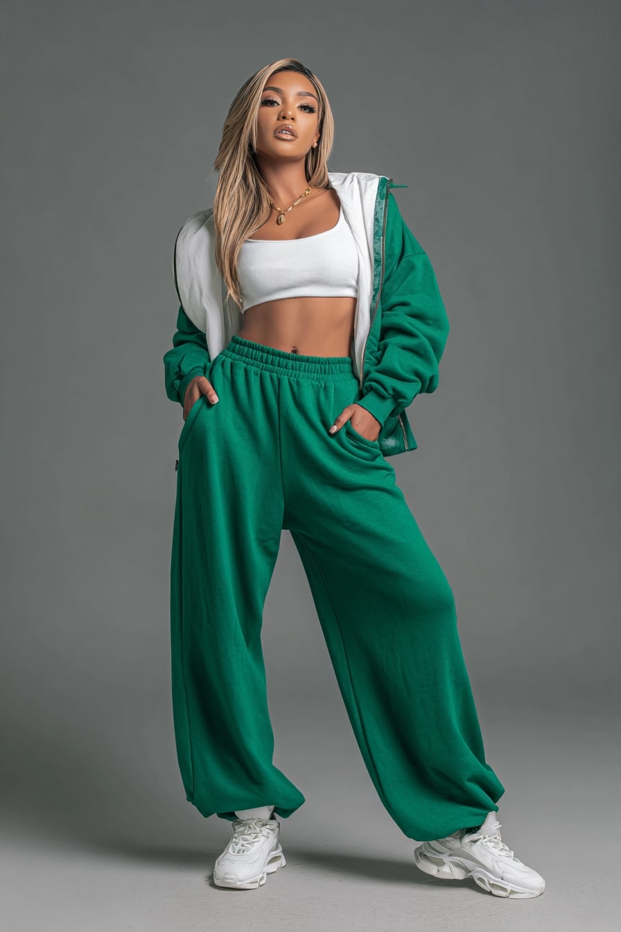 Emerald Green Tracksuit with White Crop Top