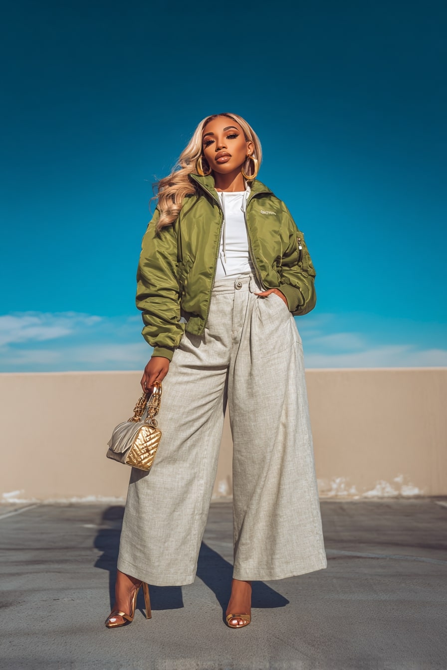 Chic Wide-Leg Style with a Bold Green Jacket