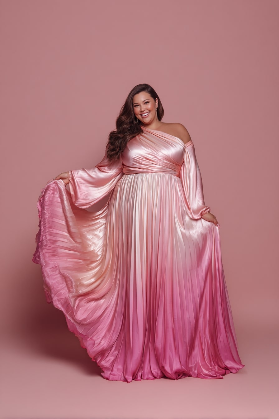 Ombre Satin Gown + Off-Shoulder Fluid Drape