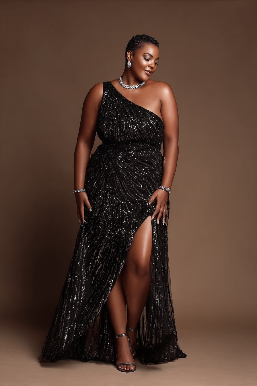 One-Shoulder Sequin Gown + High-Slit Sparkle