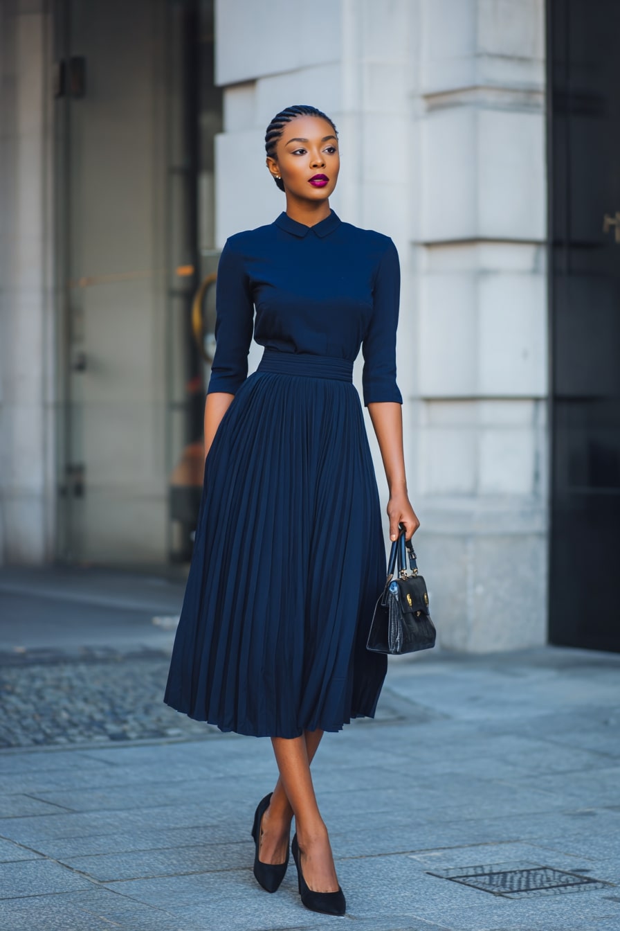 Classic Blue Pleated Dress + Black Pumps