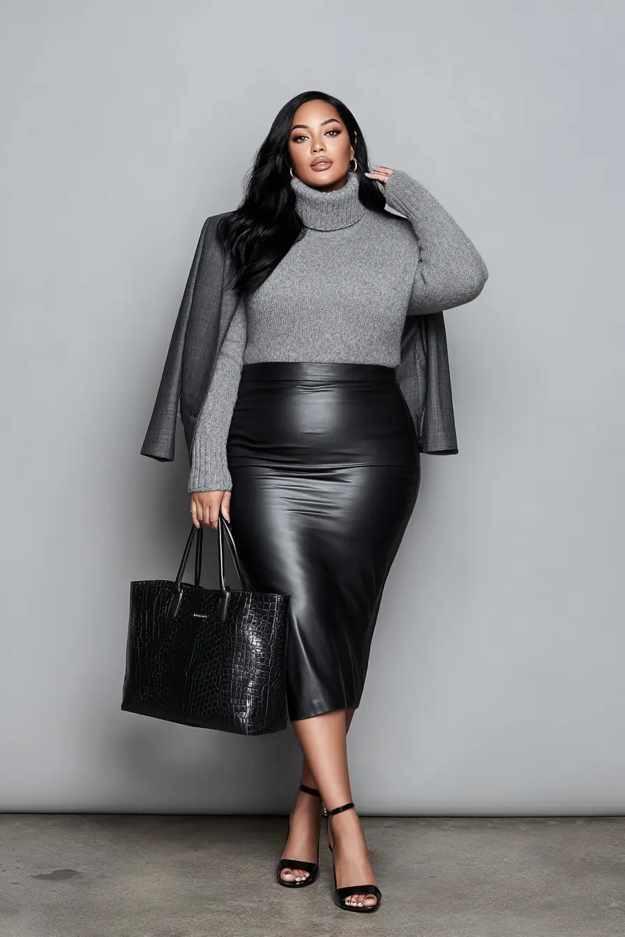 Soft Turtleneck Knit + Sleek Leather Pencil Skirt