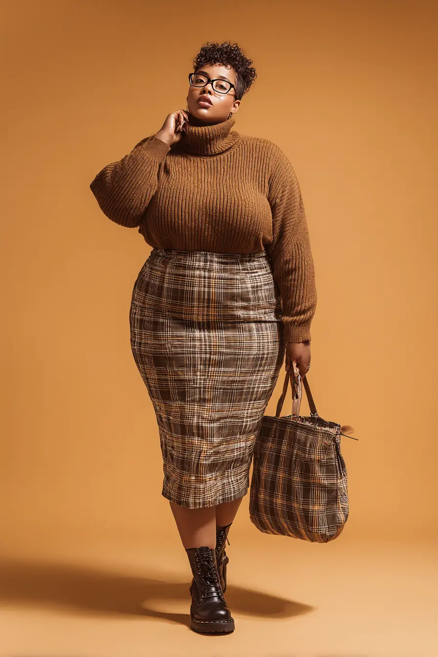 Chunky Knit Turtleneck + Plaid Pencil Skirt
