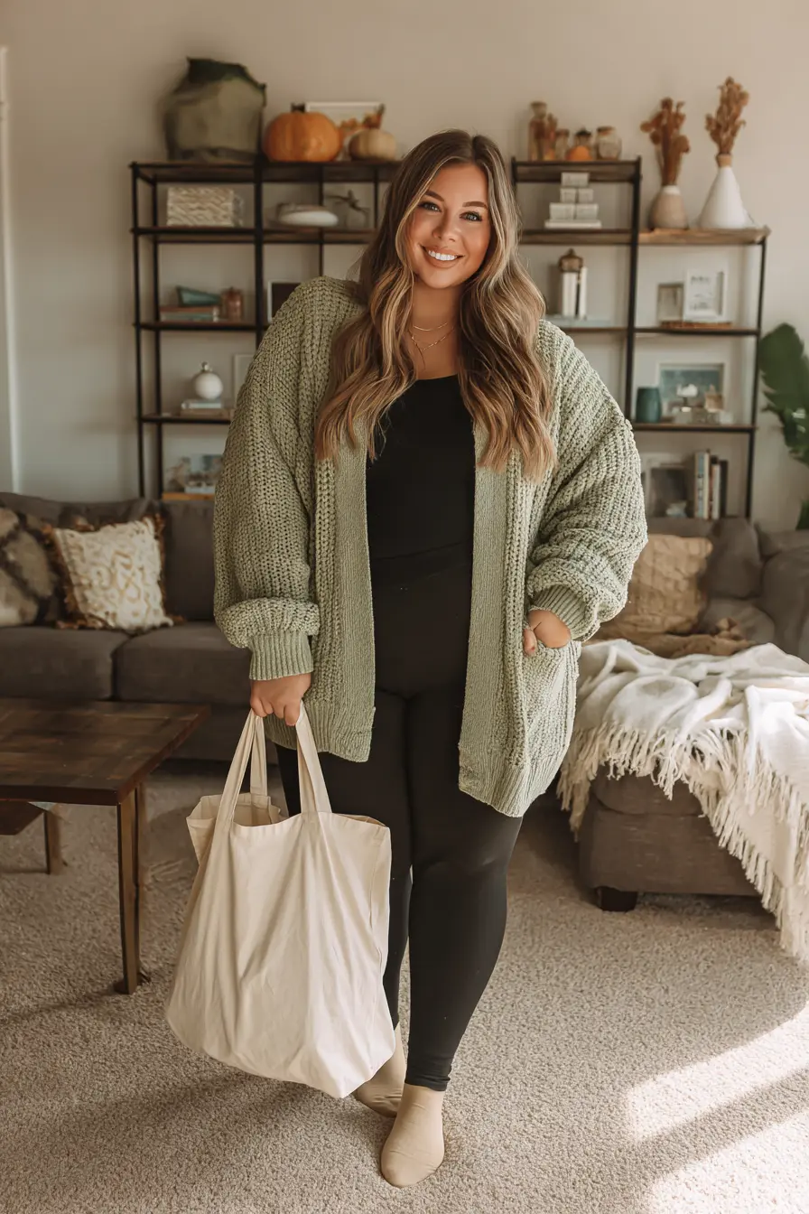 Chunky Cardigan + Black Leggings