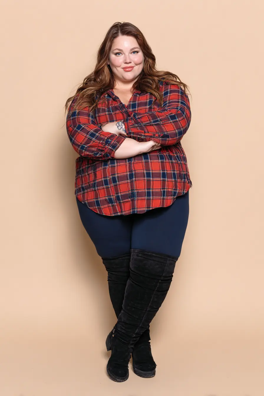 Relaxed Plaid Shirt + Snug Leggings Combo