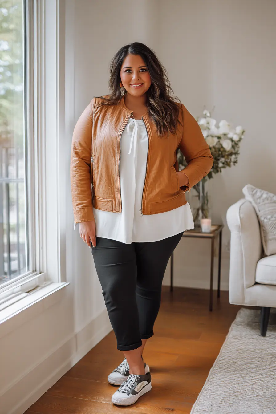 ChatGPT said:
Cognac Leather Jacket + Cropped Black Pants