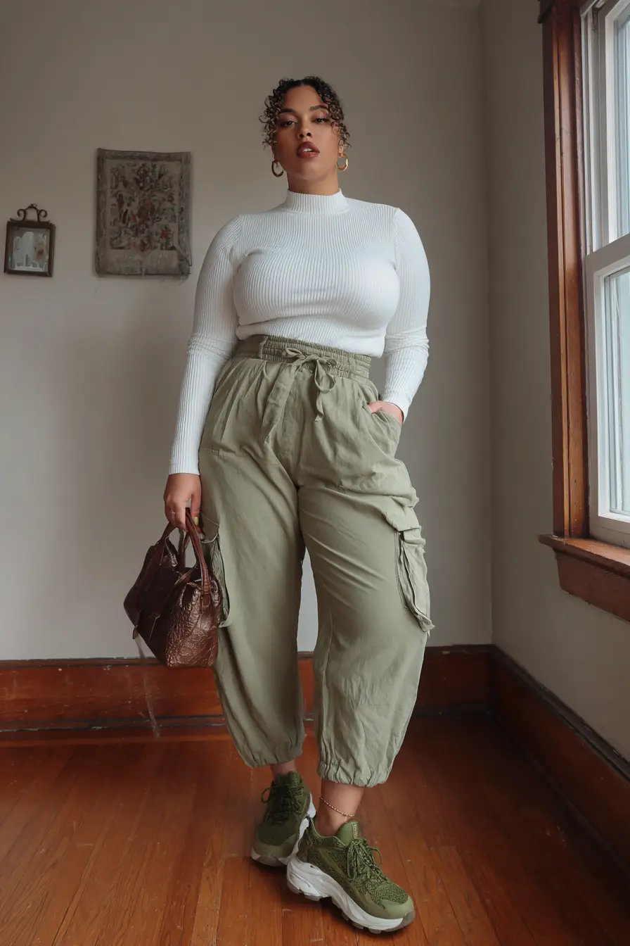 Fitted Ribbed Turtleneck + Tapered Cargo Pants