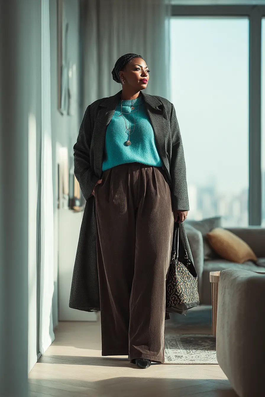 Charcoal Coat + Teal Knit Contrast