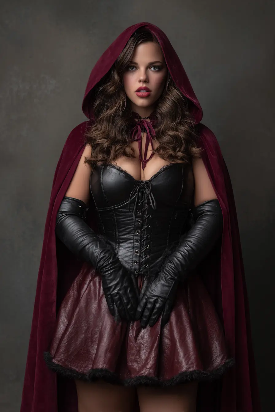 Velvet Hooded Cape + Leather Corset Skirt Set