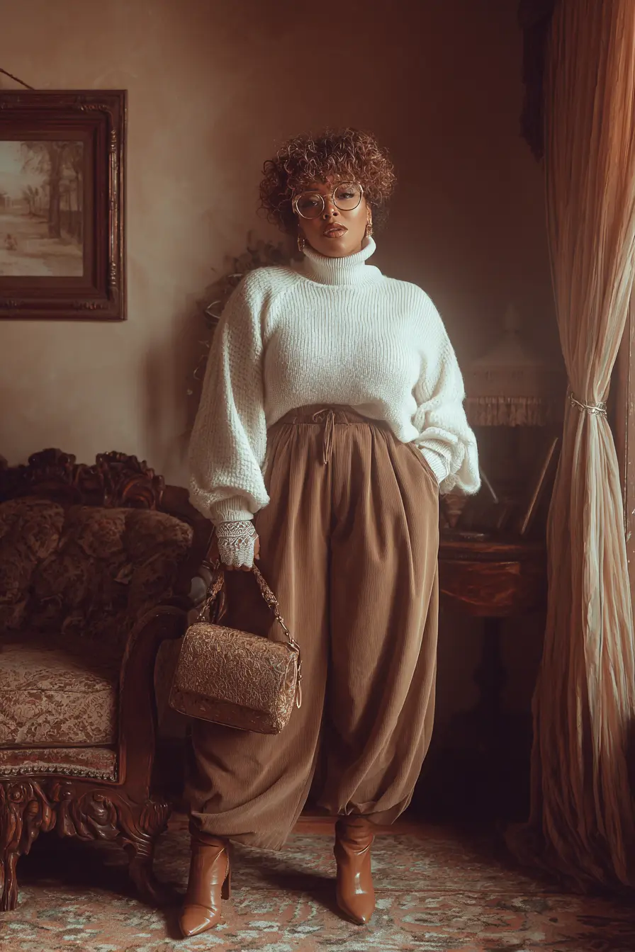 Turtleneck Sweater + Draped Corduroy Pants