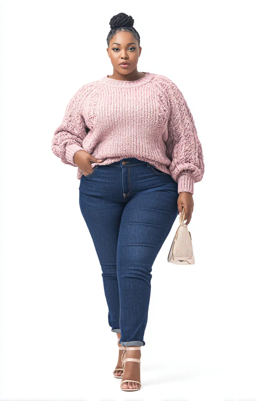 Blush Chunky Knit + Deep Indigo Jeans
