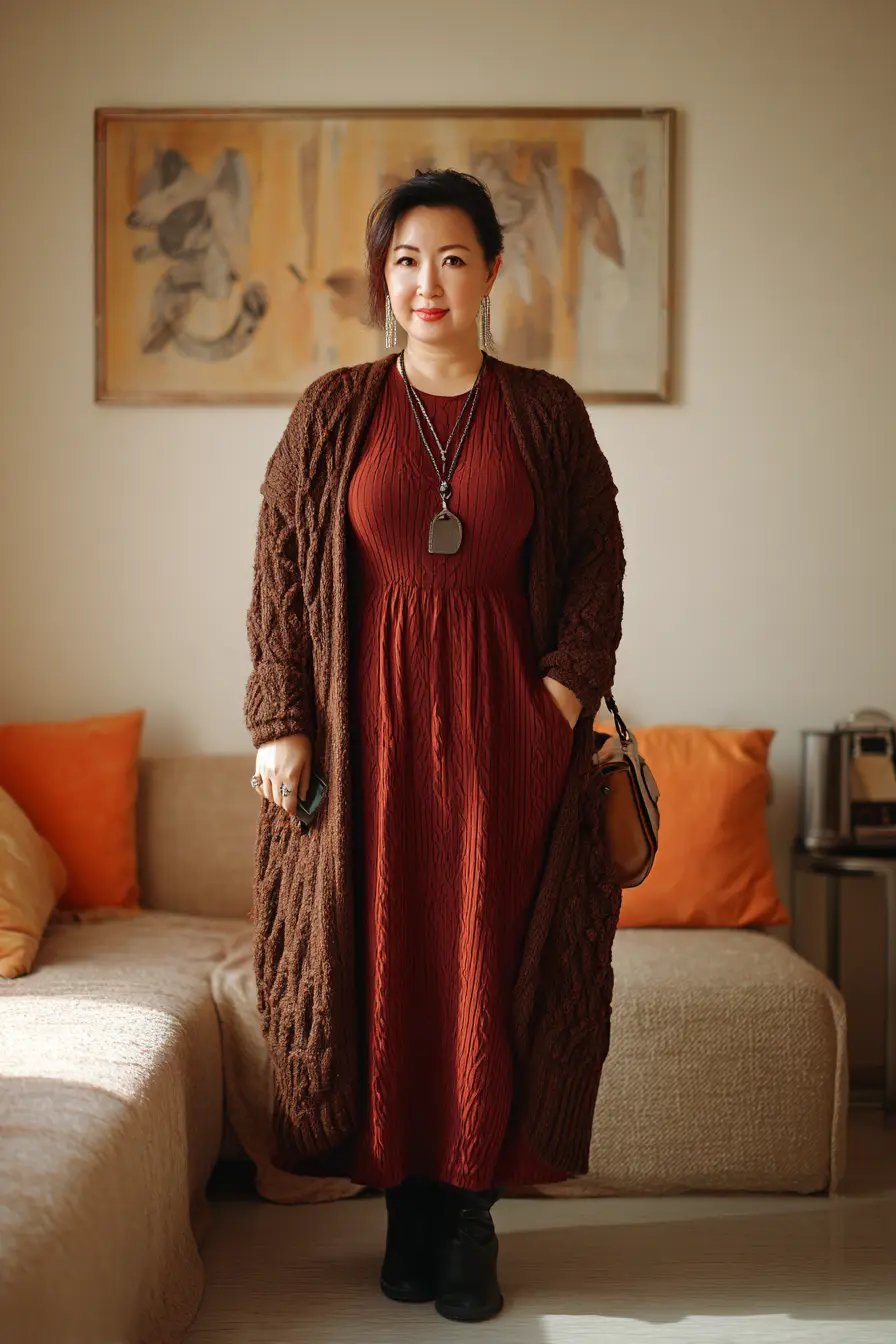 Textured Maxi Dress + Chunky Knit Coatigan