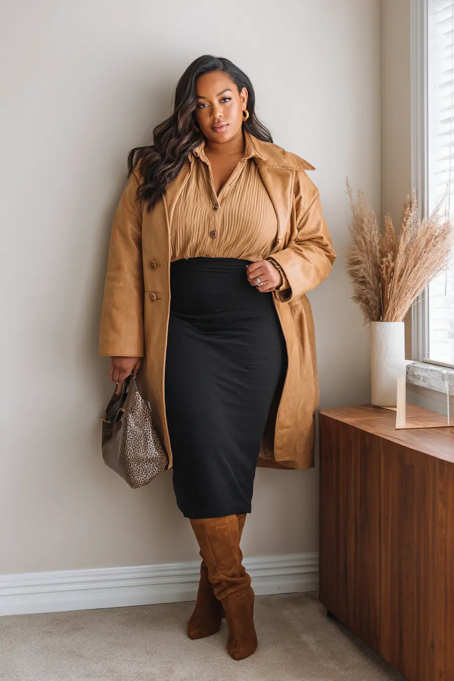 Camel Trench Coat + Pencil Skirt Power
