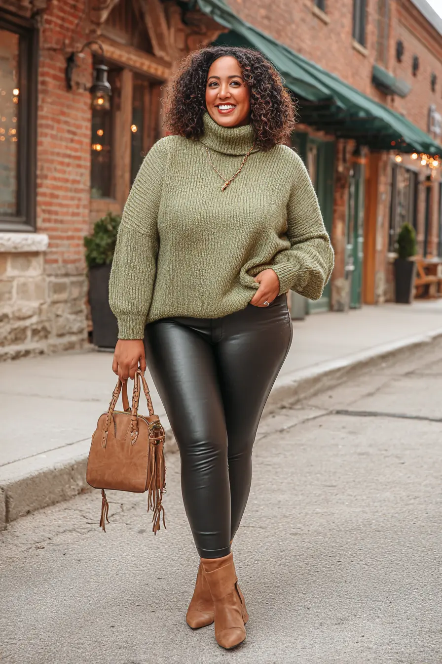 Chunky Turtleneck Sweater + Leather Leggings + Tan Booties