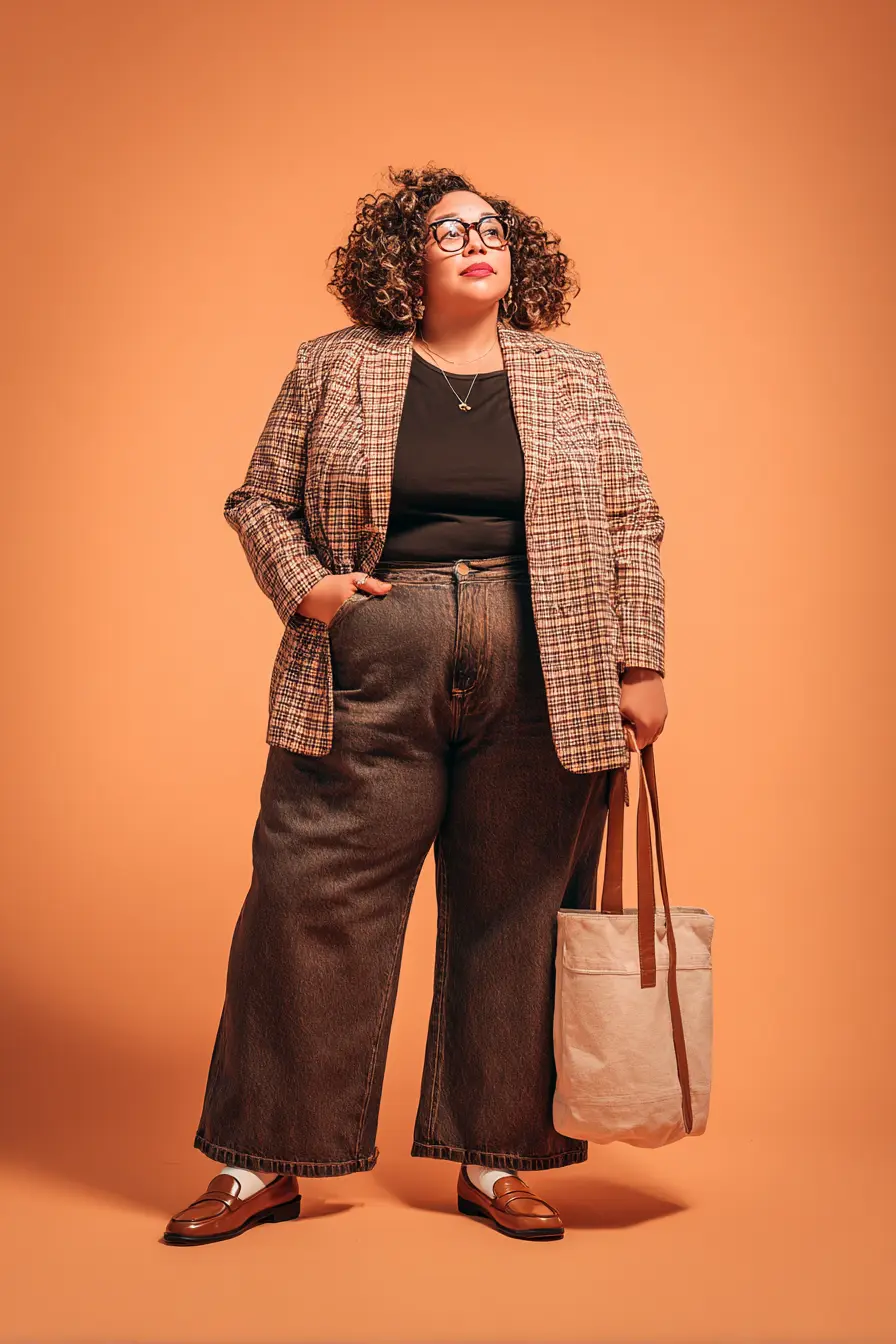 Plaid Blazer Layered Over Wide Denim