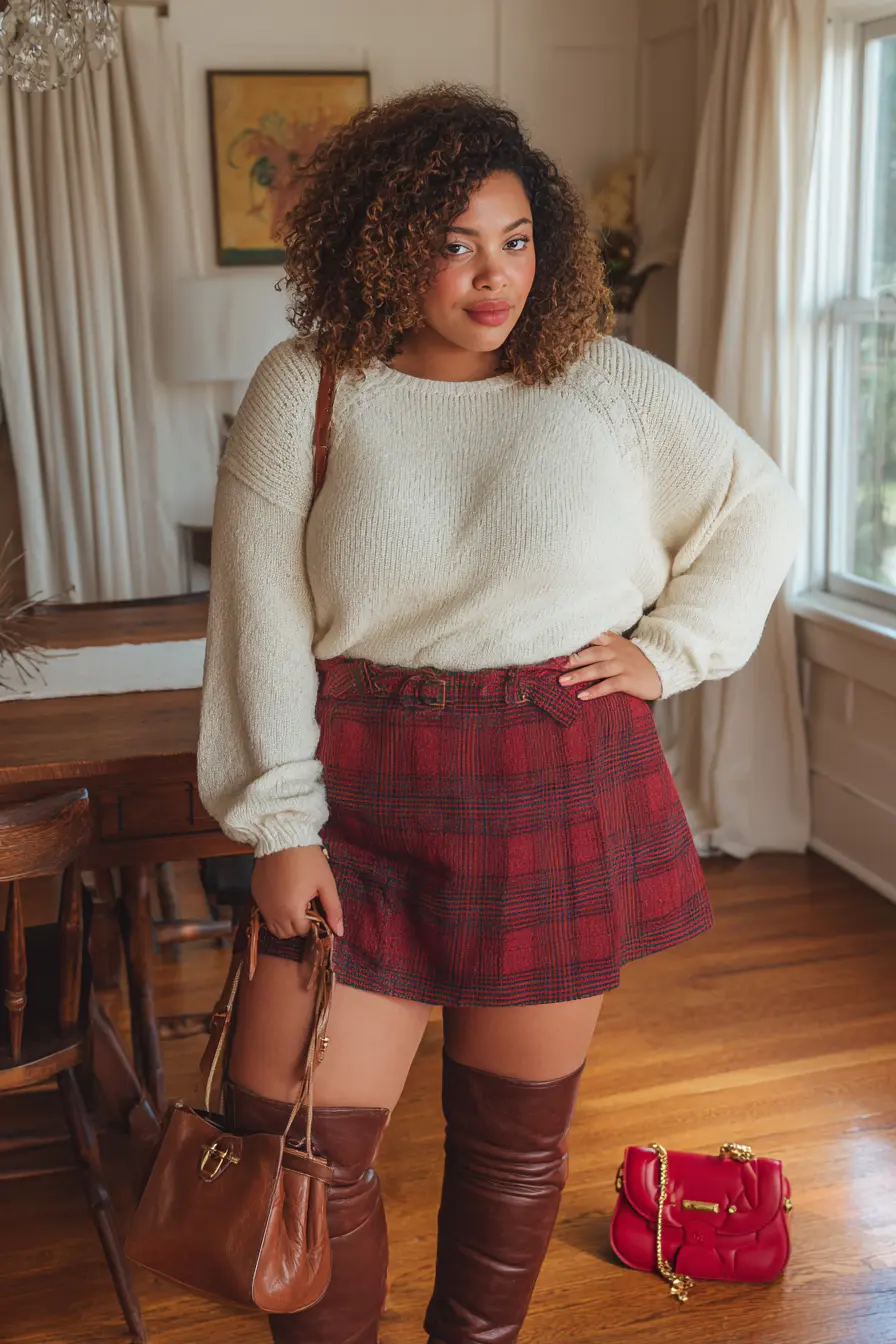 Cream Knit Sweater + Plaid Mini Skirt