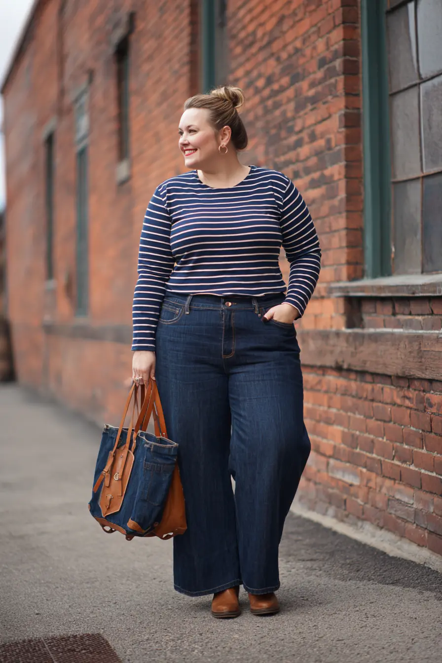 Striped Boat-Neck Tee + Dark Wide-Leg Denim