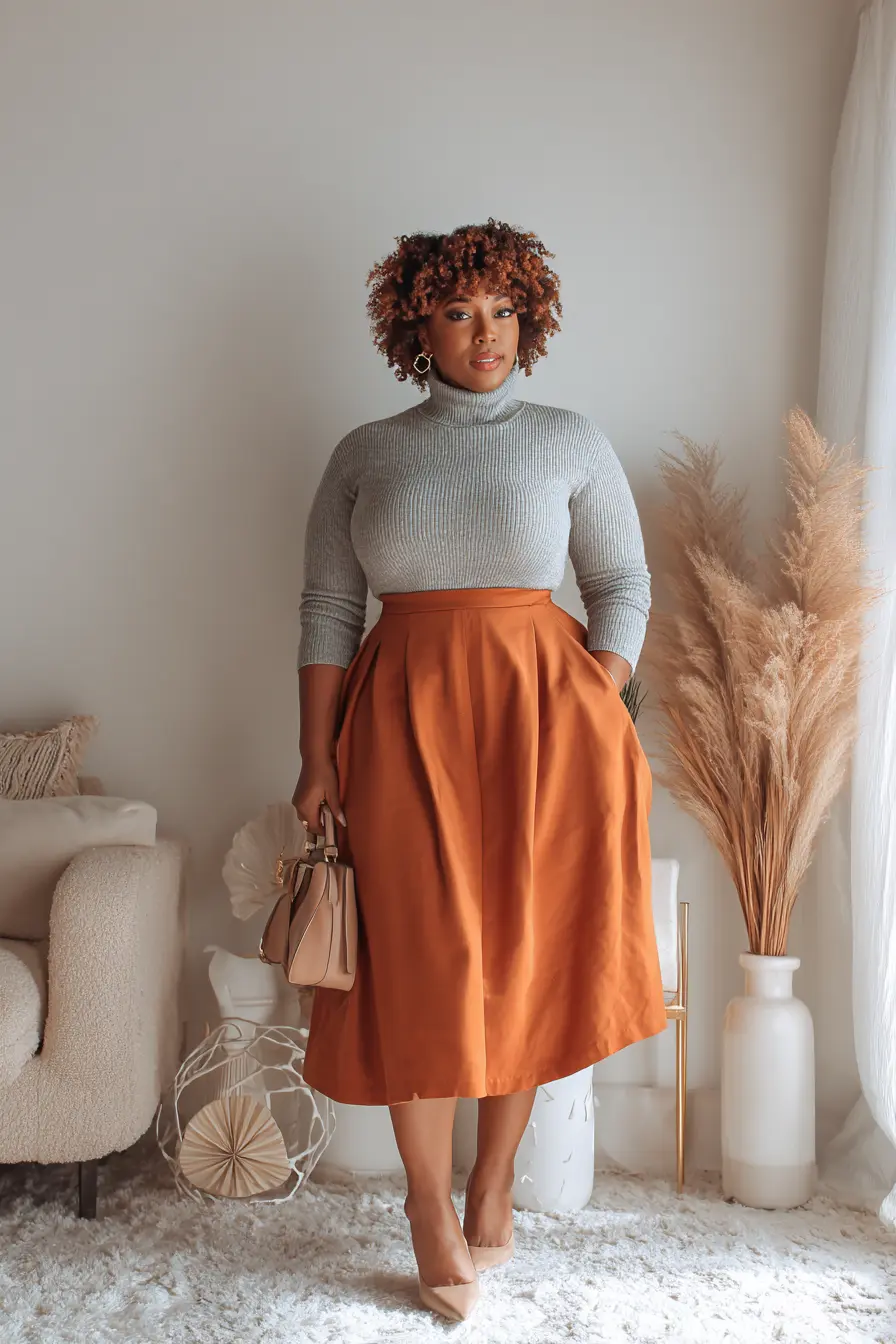 Fitted Turtleneck Knit + Full Midi Skirt