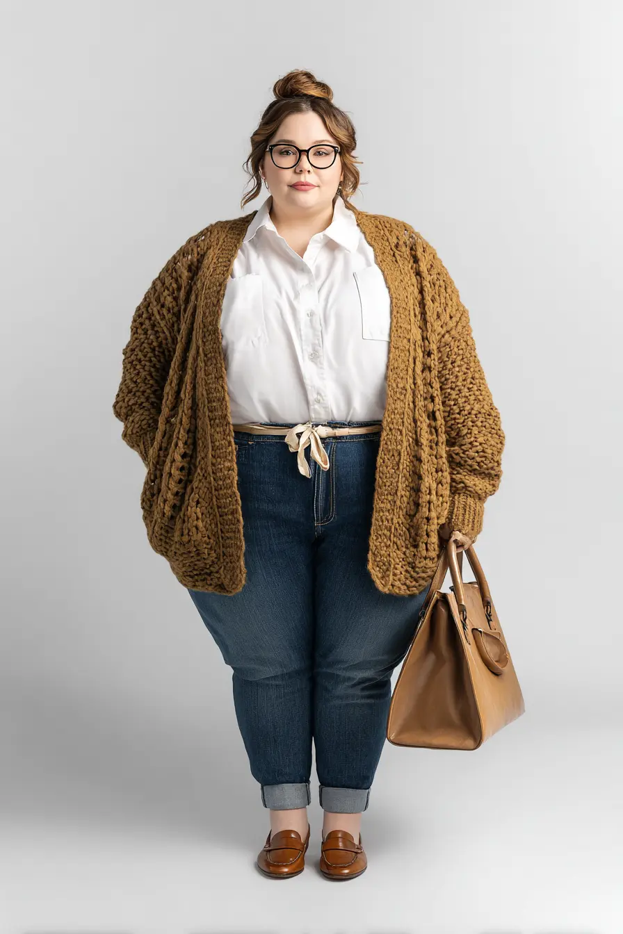Chunky Cardigan + Cuffed Denim