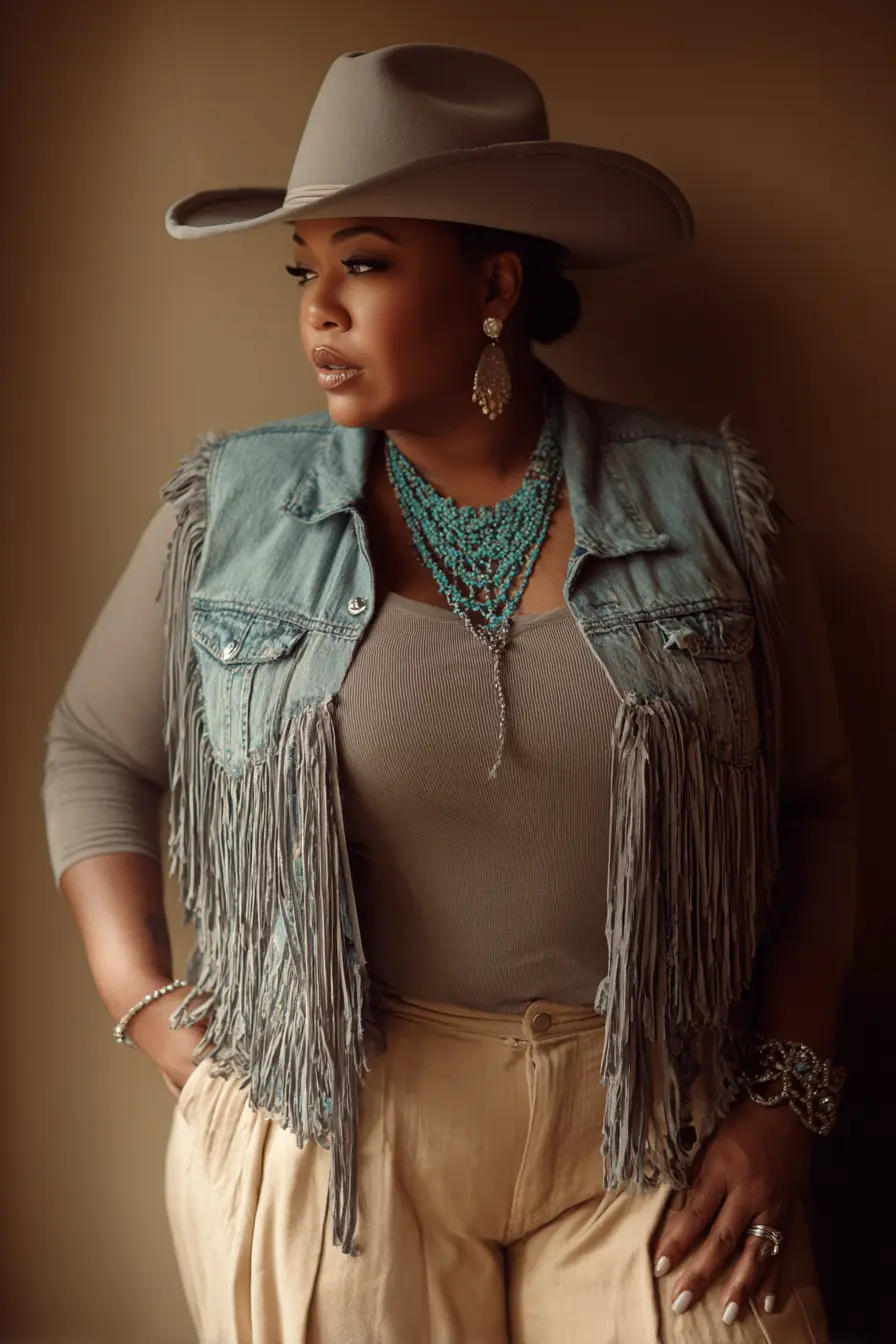 Fringe Denim Vest + High-Waist Trousers