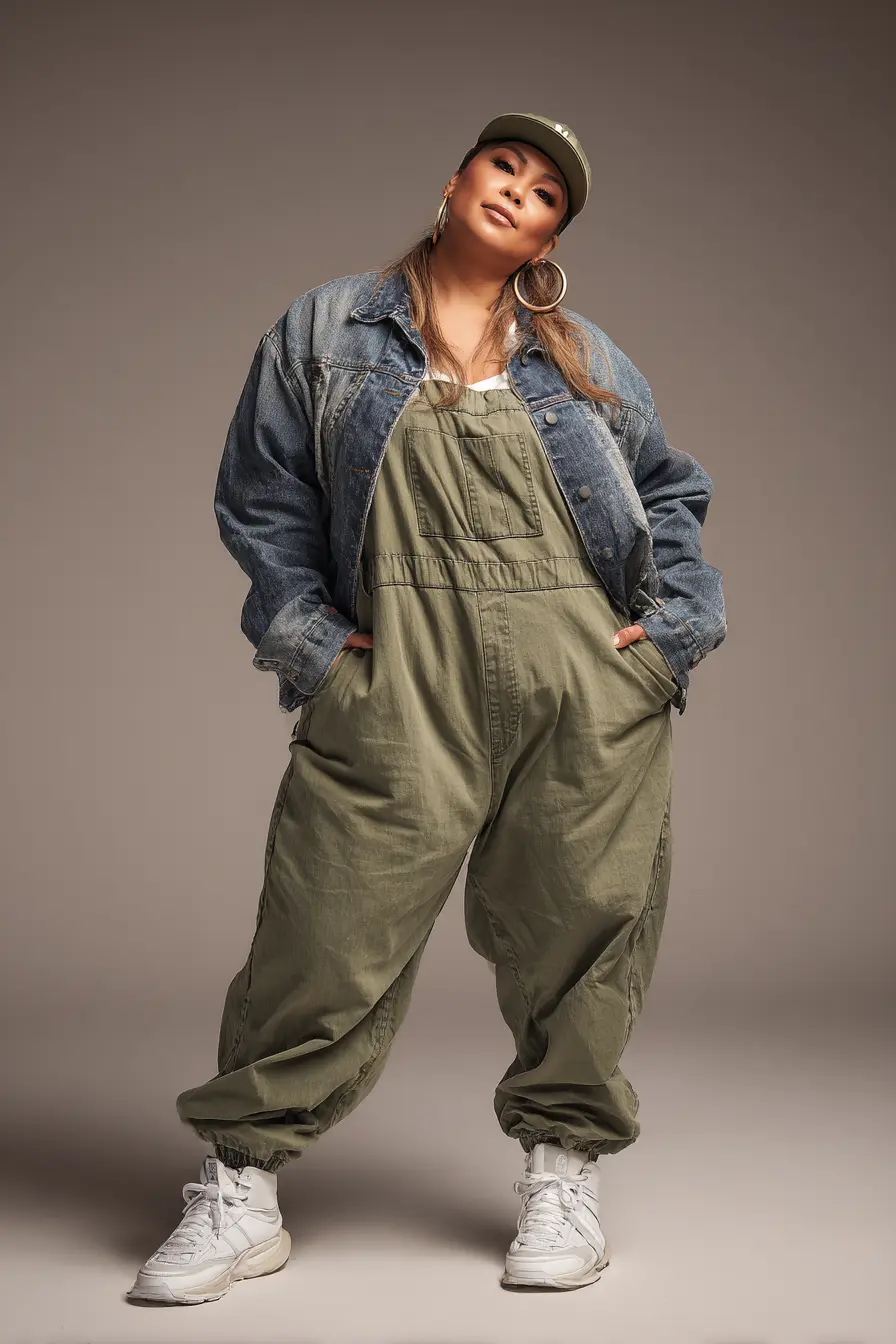 Denim Jacket Layering + Olive Utility Jumpsuit