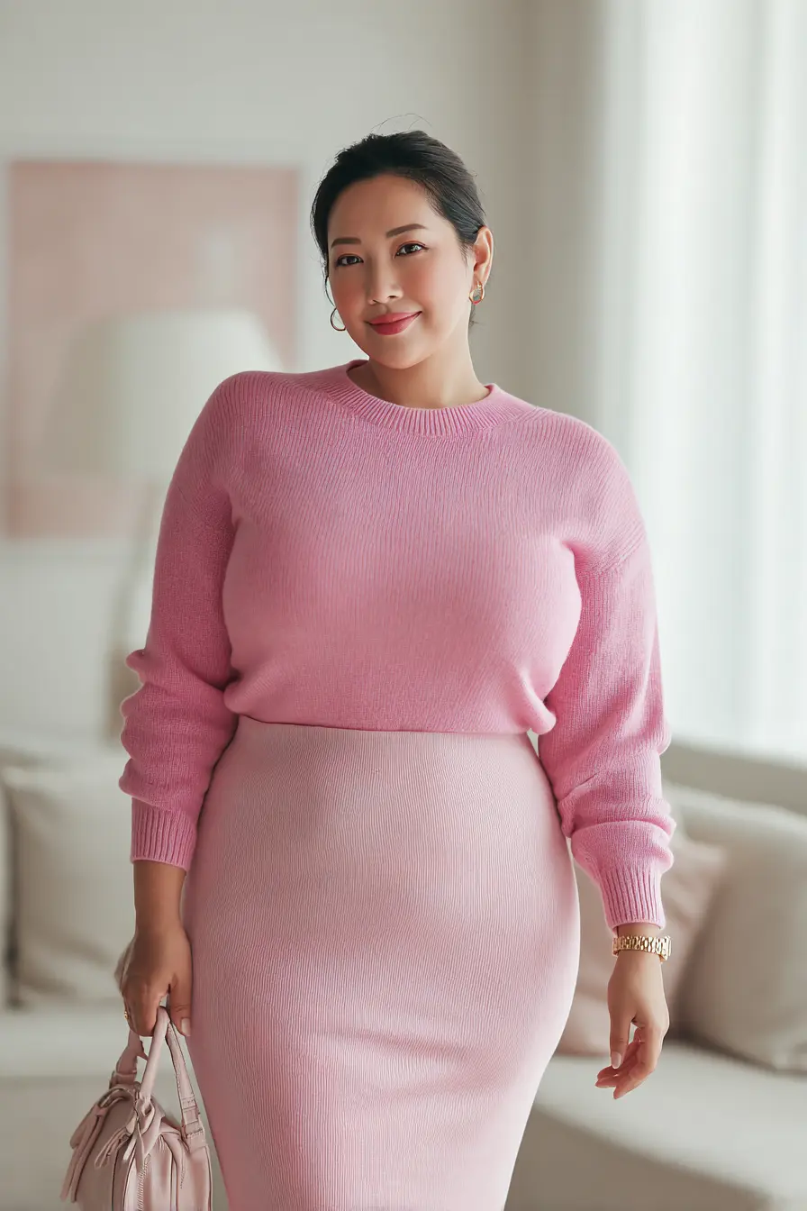 Pink Knit Sweater + Matching Ribbed Pencil Skirt