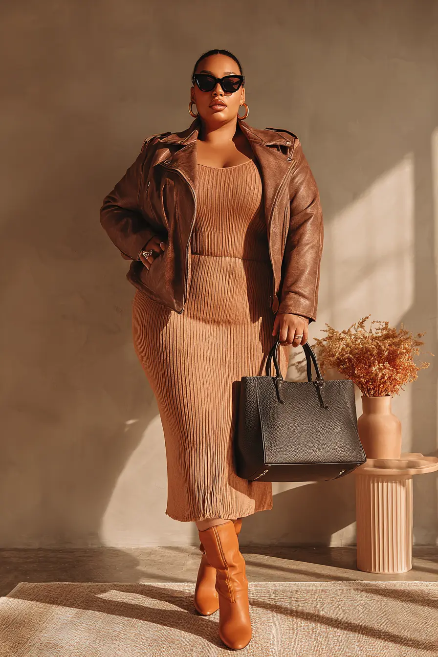 Leather Jacket + Ribbed Midi Dress