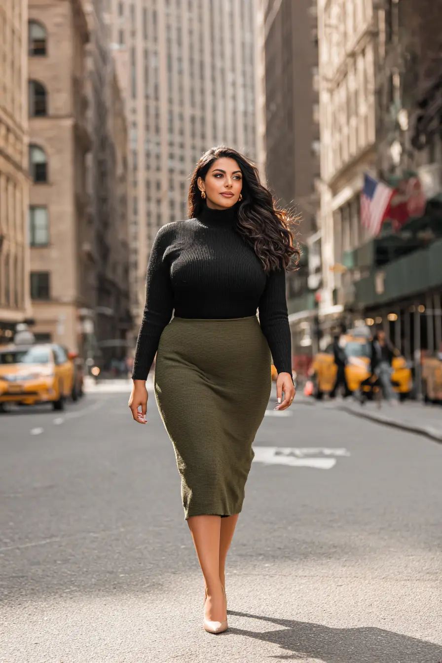 Fitted Turtleneck + Ribbed Midi Skirt + Nude Heels