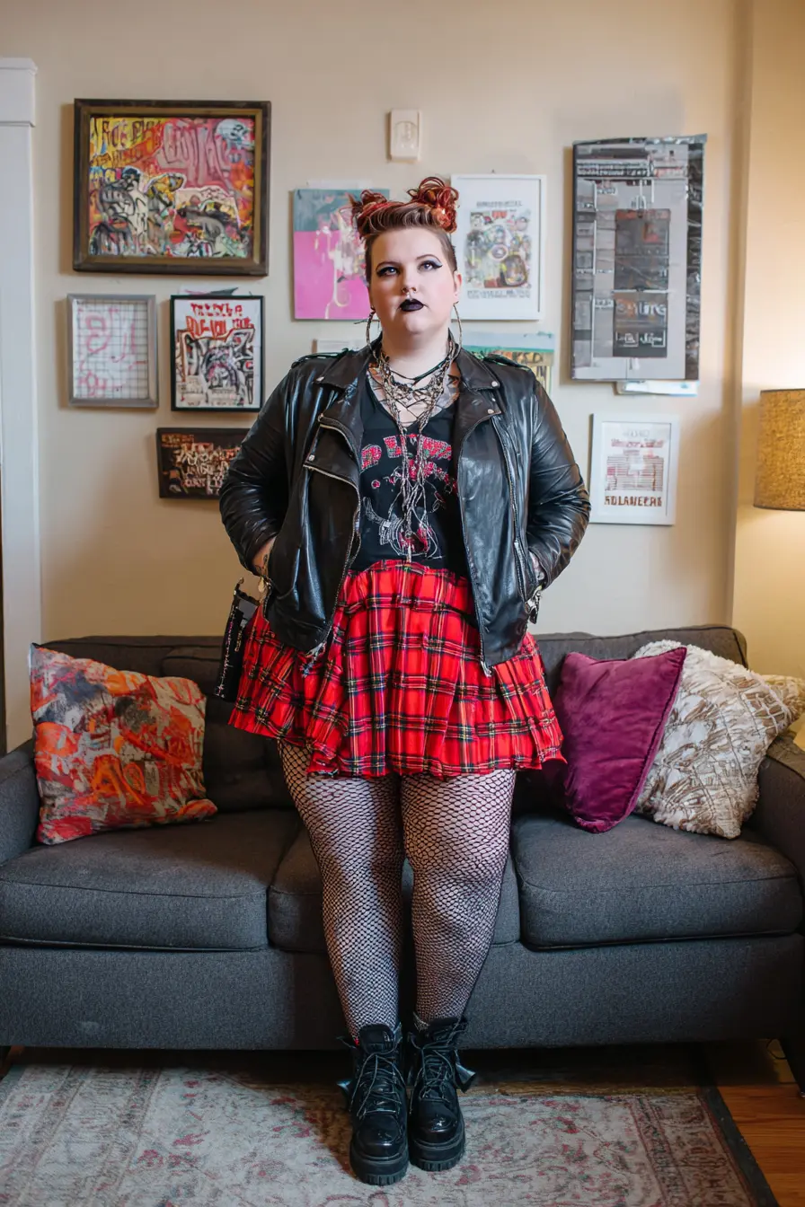 Leather Jacket + Plaid Mini Skirt