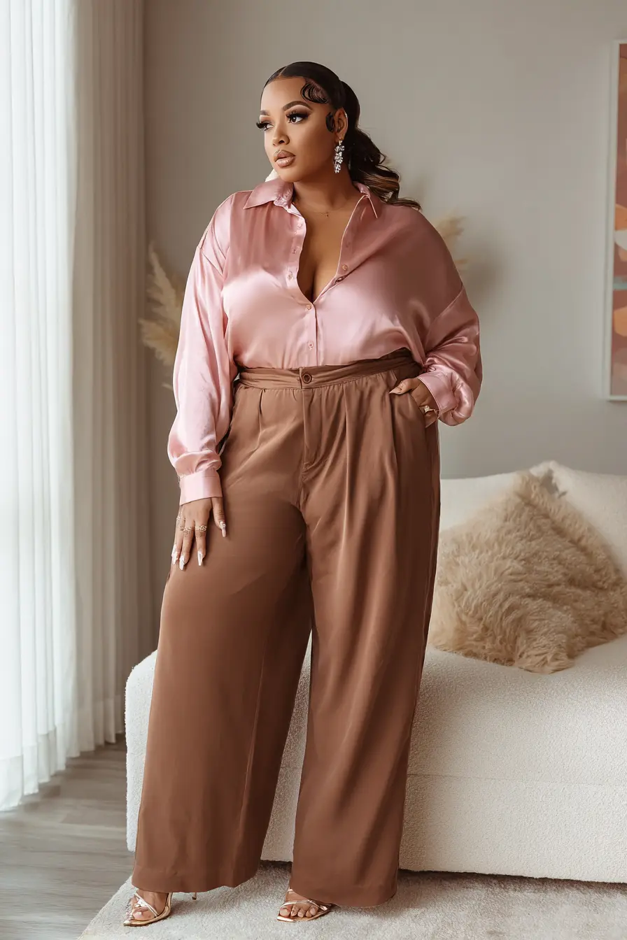 Satin Button-Up Blouse + Wide-Leg Trousers