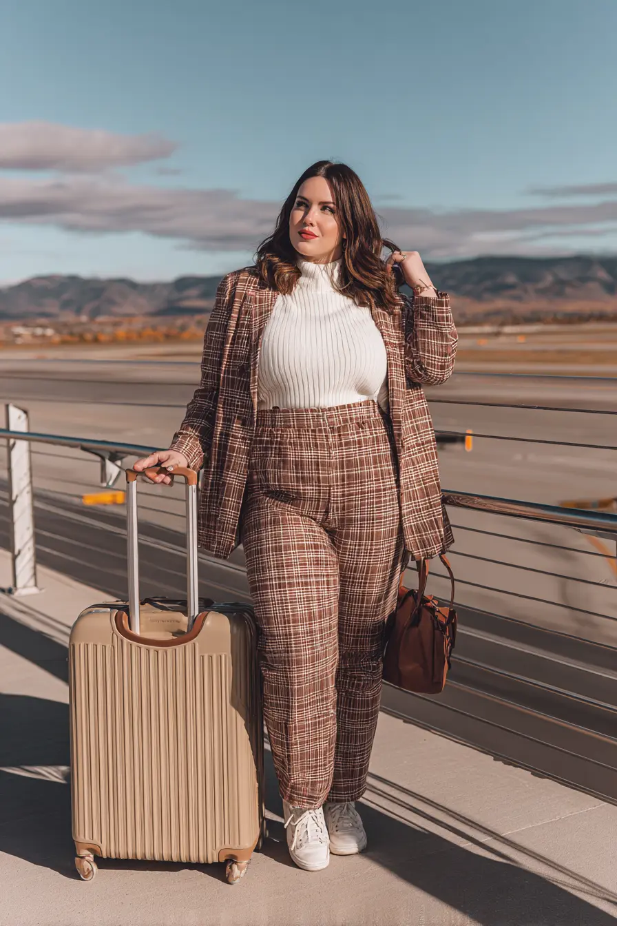 Plaid Travel Suit + Ribbed Mock-Neck Top