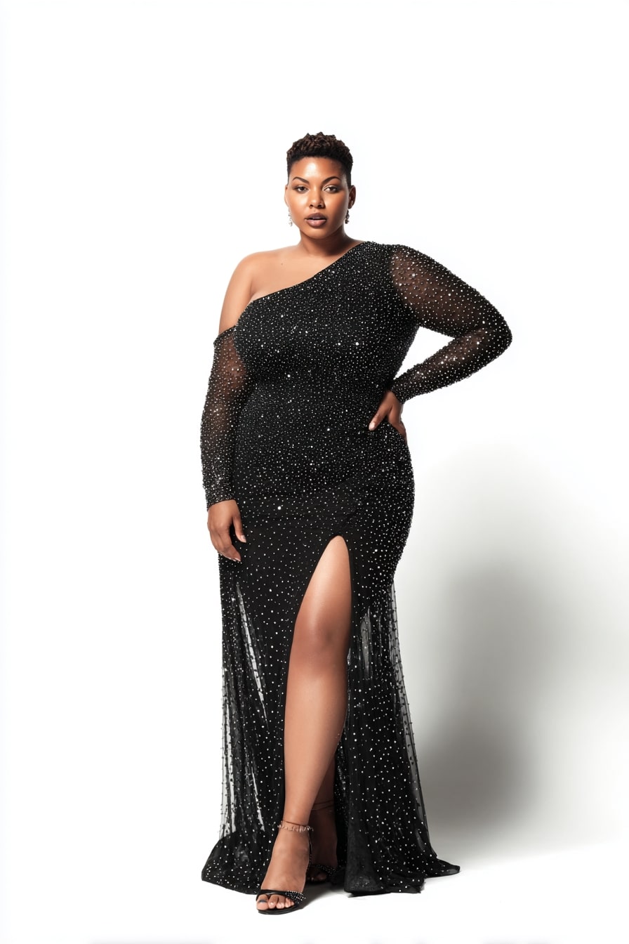 Black One-Shoulder Gown with Pearl Studded Mesh