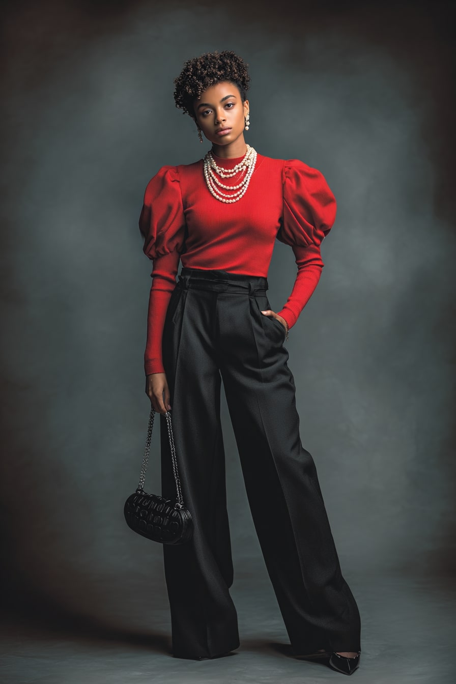 Puff-Sleeve Knit Top + Tailored Wide-Leg Trousers